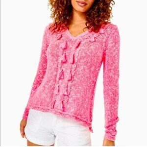 Lilly Pulitzer Size S Kovette V Neck Sweater Coral Sands Marl Pink Tassels Knit